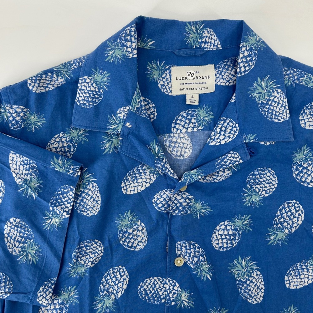 Lucky Brand Button Down Shirt Mens S Blue Pineapple Saturday Stretch Hawaiian